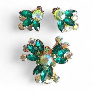 Vintage Celebrity Green Rhinestone Brooch & Earring Set
